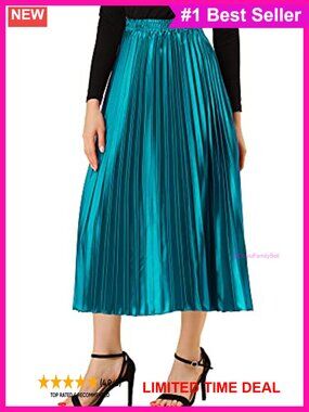 Women's Pleated Midi Skirt High Waisted Metallic A-Line Party Skirt